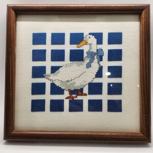 Framed Goose Cross-Stitch Art with Blue Accents